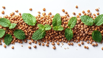 Aufkleber - Buckwheat grains and fresh mint leaves arranged artfully on a white background showcasing natural ingredients and culinary potential