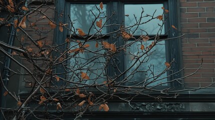 Poster - Bare Autumn Tree Branches Against a Historic Brick House Window