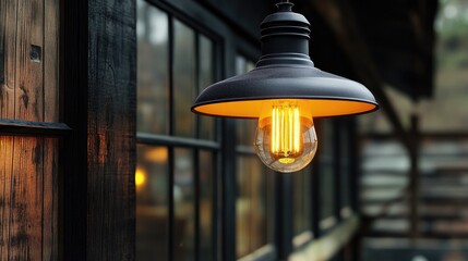 Aufkleber - Closeup of vintage LED pendant lamp illuminating rustic wooden cabin in warm evening light