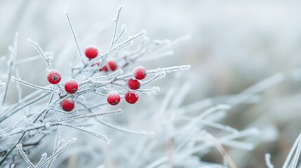 Poster - Frosty Christmas composition featuring red berries on a snowy background with spruce branches capturing a winter wonderland atmosphere.