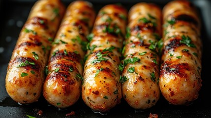 Poster - Grilled cheese sausages garnished with fresh parsley served on a dark plate against a crisp white background