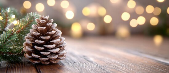 Poster - Festive pine cone decoration on rustic wooden surface with blurred bokeh lights creating a warm holiday atmosphere.
