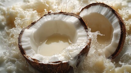 Poster - Coconut halves with fresh milk and splashes on a clean white background showcasing tropical ingredients and culinary textures