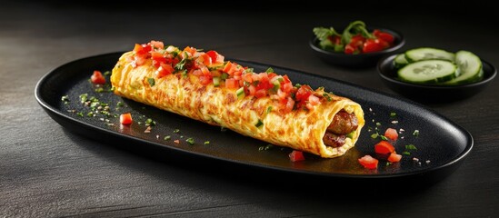 Aufkleber - Omelet roll with sausage topped with fresh tomatoes and herbs served on a dark plate with cucumber slices in the background
