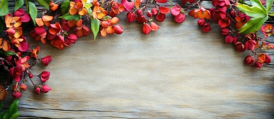 Poster - Vintage paper background adorned with vibrant floral decoration on rustic wooden surface.