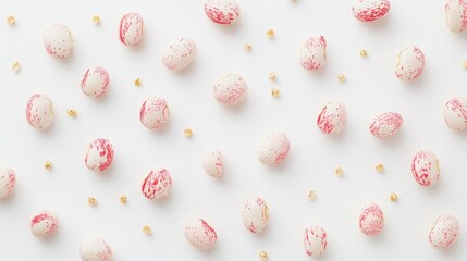 Poster - Colorful beans scattered on a white background creating a vibrant and minimalist composition for food and farming concepts