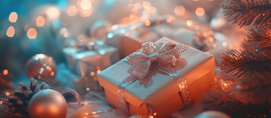 Aufkleber - Festive cardboard boxes containing gifts surrounded by fir branches and shimmering rainbow bokeh lights for a cheerful holiday atmosphere
