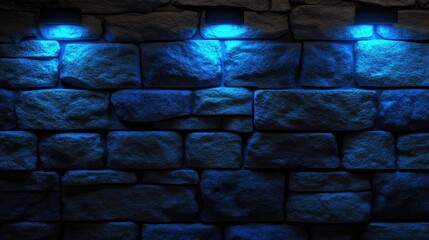 Aufkleber - Closeup of textured brick wall illuminated by soft blue lighting creating a moody atmosphere and dramatic visual effect