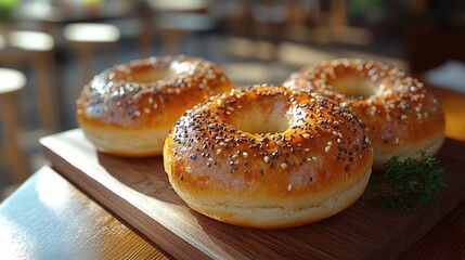 Aufkleber - Freshly baked bagels with sesame seeds on a wooden board in a cozy cafe setting illuminated by natural light.