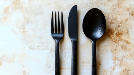 Aufkleber - Black matte cutlery set including fork knife and spoon on textured background flat lay view