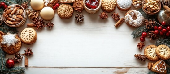 Poster - Festive border arrangement of traditional snacks and decorations on a rustic wooden surface ideal for holiday celebrations and culinary presentations