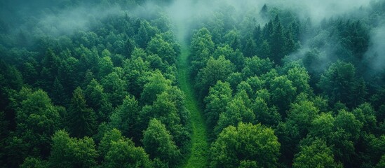 Poster - Aerial drone view of lush green forest landscape shrouded in mist showcasing natural beauty and tranquility of nature in vibrant colors