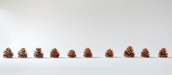 Poster - Christmas pine cones arranged in a line on a minimalist white background for festive and seasonal design inspiration.