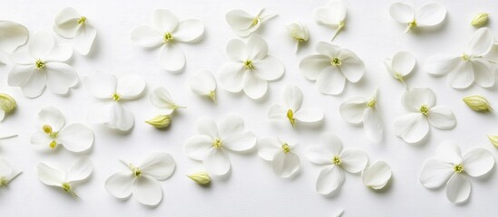 Wall Mural - Delicate white spring flowers scattered on a minimalist white background perfect for floral design or nature-themed projects