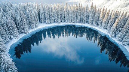 Aufkleber - Aerial view of a serene winter landscape featuring a snowy forest and reflective lake surrounded by majestic cliffs