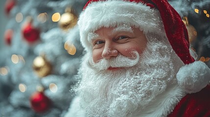Aufkleber - Christmas decorations with Santa Claus smiling beside a white Christmas tree adorned with golden ornaments and cozy winter ambiance