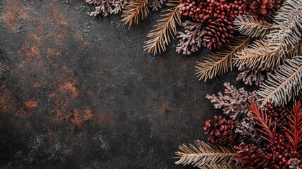 Poster - Autumn foliage flat lay with colorful leaves pinecones and berries on dark background creating a warm seasonal atmosphere