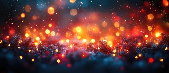 Poster - Festive bokeh lights creating a magical Christmas atmosphere with snow-covered evergreen branches and vibrant holiday colors