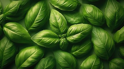 Aufkleber - Fresh green basil leaves arranged artistically on a white background showcasing vibrant textures and colors for culinary and design use