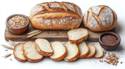 Poster - Artisan sliced brown bread on a wooden board with grains and wheat spikes on a light background, ideal for toasting and healthy eating.