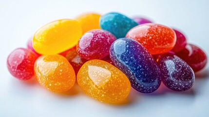 Poster - Colorful jelly beans pile on a white surface showcasing various vibrant hues and textures ideal for confectionery and candy themes