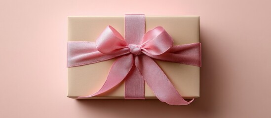 Poster - Elegant gift box with soft pink ribbon and curl on pastel background for special occasions and celebrations.