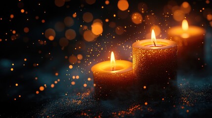 Poster - Bokeh effect of glowing candles with warm yellow light creating a serene atmosphere against a dark background for peaceful moments