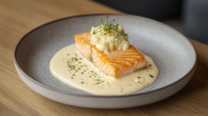 Poster - Elegant salmon dish served on a stylish plate with creamy sauce and herbs showcasing sophisticated culinary presentation.