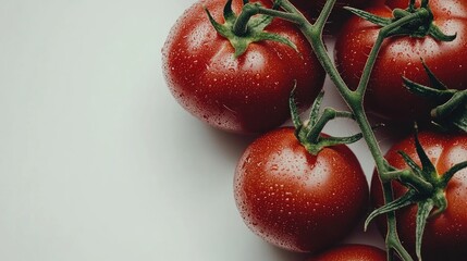 Aufkleber - Fresh ripe tomatoes on the vine with droplets of water isolated on a light background showcasing natural produce quality and freshness