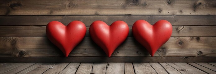 Wall Mural - Two large red hearts placed side by side on a rustic wooden background with some distressed textures, fabric, decoration