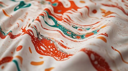 Poster - Abstract silk fabric texture with floral patterns in vibrant red, green, blue, and white hues showcasing artistic swirls and fluid designs.