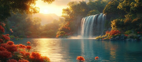 Poster - Tranquil waterfall landscape during sunset surrounded by vibrant flowers and lush greenery ideal for nature travel inspiration