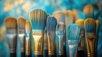 Poster - Vintage art brushes arranged artistically against a vibrant blue background highlighting their textures and colors.