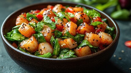 Aufkleber - Vibrant Asian Vegan Bok Choy Salad with Spinach and Fresh Vegetables in a Rustic Bowl