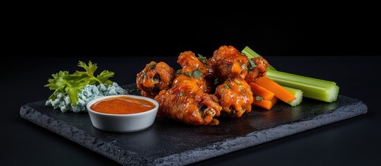 Poster - Buffalo chicken wings served with fresh vegetables and blue cheese dip on a dark slate serving board against a black background