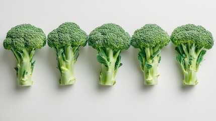 Aufkleber - Fresh green broccoli heads neatly arranged on a light gray background, highlighting their texture and vibrant color, healthy food, vegetables, dietary, organic.