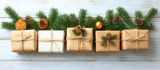 Aufkleber - Christmas gifts and spruce branches beautifully arranged on a white wooden background creating a festive holiday atmosphere.