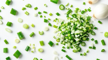 Poster - Chopped spring onions and scallions scattered on a clean white background showcasing fresh green and white vegetable textures