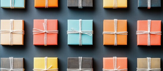 Poster - Vibrant Christmas gift boxes arranged on a festive backdrop for holiday decoration and celebration concepts