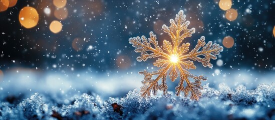 Aufkleber - Radiant snowflake illuminated by bright light on a sparkling winter backdrop ideal for festive greeting cards and holiday decorations