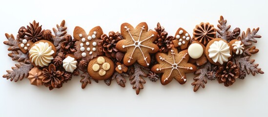 Aufkleber - Gingerbread cookie Christmas decoration arranged beautifully with pinecones on a white background showcasing festive winter themes