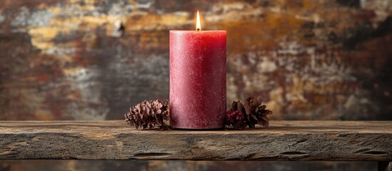 Aufkleber - Red candle glowing warmly on rustic wooden table with natural decor elements creating a cozy and inviting atmosphere