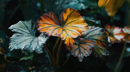 Poster - Vibrant begonia leaves showcasing intricate colors and textures in a lush garden environment ideal for interior design inspiration