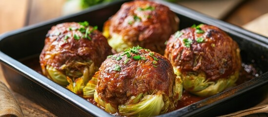 Aufkleber - Savory stuffed cabbage rolls with seasoned meat in rich tomato sauce garnished with fresh herbs on rustic wooden background