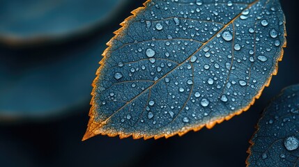 Poster - Close up of a wet walnut leaf showcasing droplets of water and intricate details against a blurred dark background