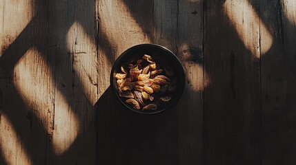 Poster - Bowl of pitted dates on rustic wooden surface with captivating shadows from above