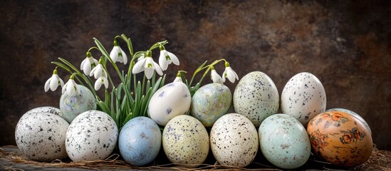 Poster - Easter still life with snowdrops and antique hand-painted eggs on rustic background celebrating springtime traditions and floral beauty