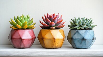 Poster - Modern geometric concrete planters featuring vibrant succulents on a minimalistic wooden shelf against a clean white wall background
