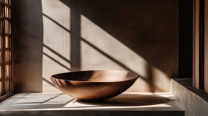 Aufkleber - Elegant wooden bowl in minimalist interior with soft light and shadows creating a serene atmosphere for home decor inspiration.