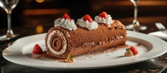 Poster - Chocolate yule log dessert cake topped with fresh strawberries and whipped cream served on an elegant plate
